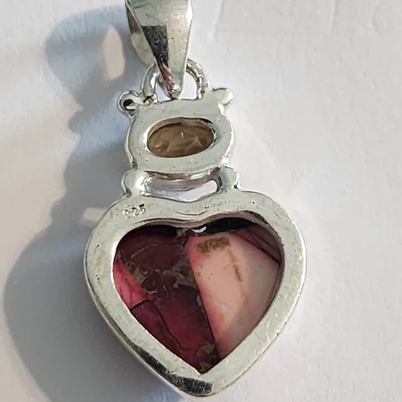 Sterling Silver Heart Pendant with Red and Pink Mookaite Jasper Yellow Citrine - Picture 4 of 5